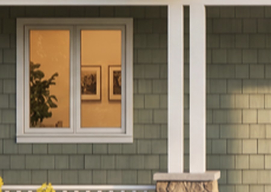Sage shingle siding with white trim, Casa Craftsman